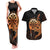 Aloha Hawaii Darts Couples Matching Tank Maxi Dress and Hawaiian Shirt Dart Board With Polynesian Shark - Gold