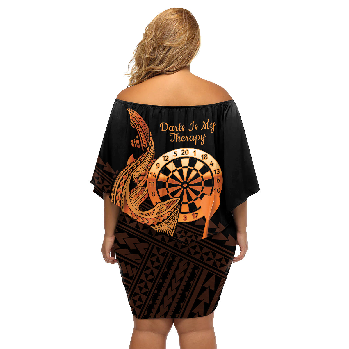 Aloha Hawaii Darts Family Matching Off Shoulder Short Dress and Hawaiian Shirt Dart Board With Polynesian Shark - Gold