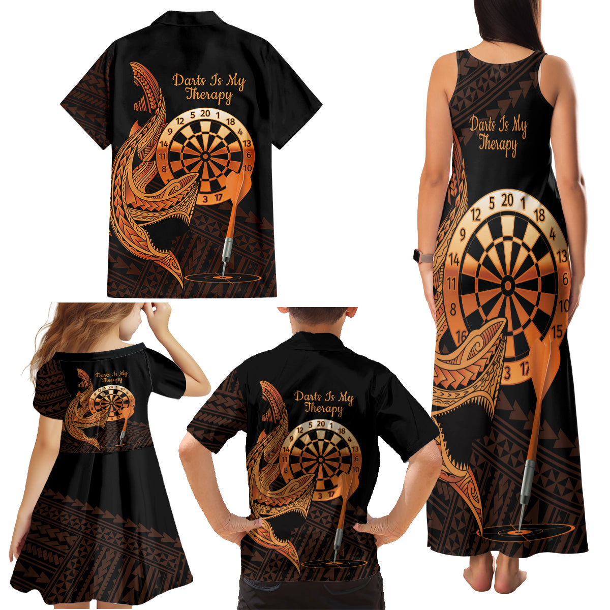 Aloha Hawaii Darts Family Matching Tank Maxi Dress and Hawaiian Shirt Dart Board With Polynesian Shark - Gold