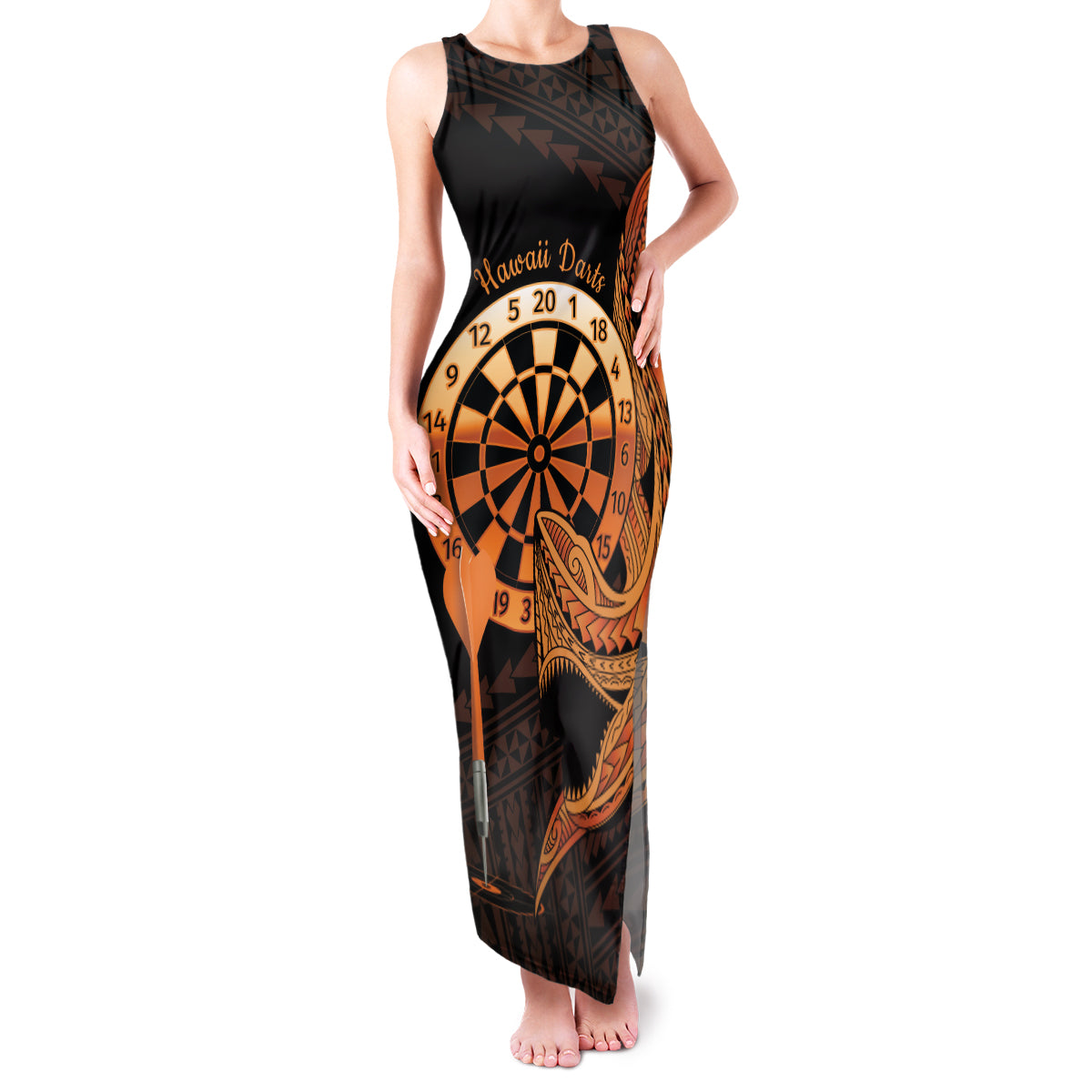 Aloha Hawaii Darts Family Matching Tank Maxi Dress and Hawaiian Shirt Dart Board With Polynesian Shark - Gold