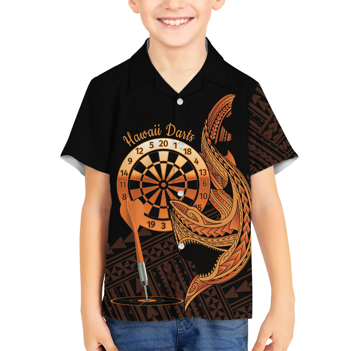 Aloha Hawaii Darts Family Matching Tank Maxi Dress and Hawaiian Shirt Dart Board With Polynesian Shark - Gold