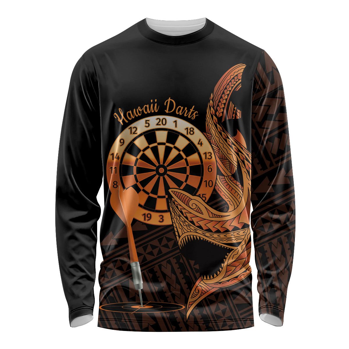 Aloha Hawaii Darts Long Sleeve Shirt Dart Board With Polynesian Shark - Gold