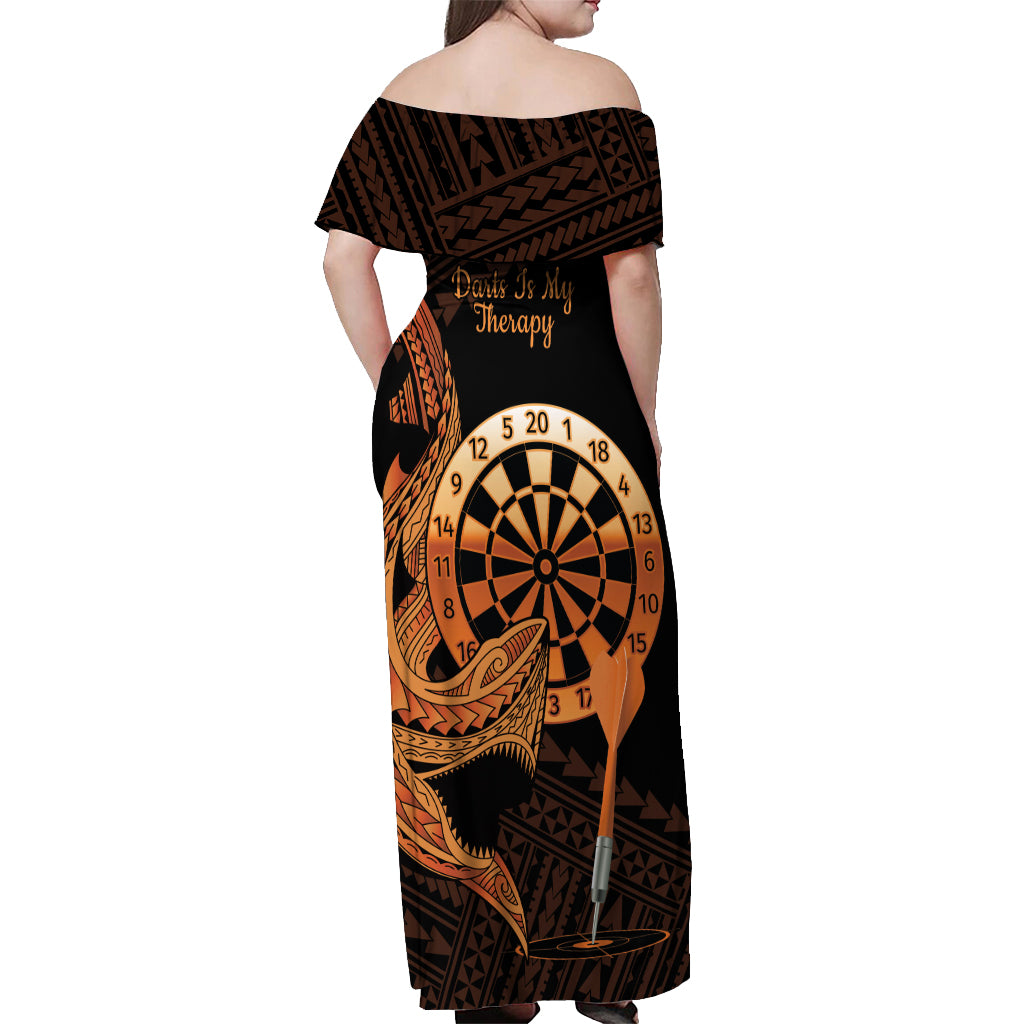 Aloha Hawaii Darts Off Shoulder Maxi Dress Dart Board With Polynesian Shark - Gold