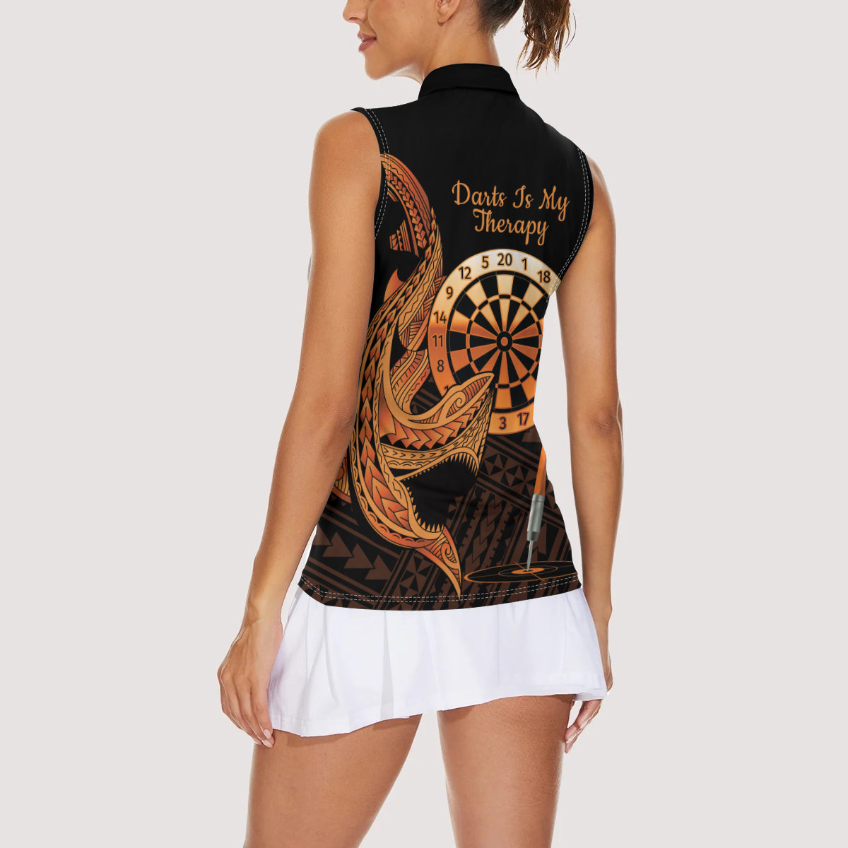 Aloha Hawaii Darts Women Sleeveless Polo Shirt Dart Board With Polynesian Shark - Gold