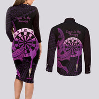 Aloha Hawaii Darts Couples Matching Long Sleeve Bodycon Dress and Long Sleeve Button Shirt Dart Board With Polynesian Shark - Purple
