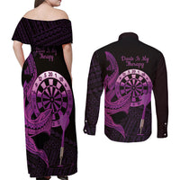 Aloha Hawaii Darts Couples Matching Off Shoulder Maxi Dress and Long Sleeve Button Shirt Dart Board With Polynesian Shark - Purple