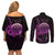 Aloha Hawaii Darts Couples Matching Off Shoulder Short Dress and Long Sleeve Button Shirt Dart Board With Polynesian Shark - Purple