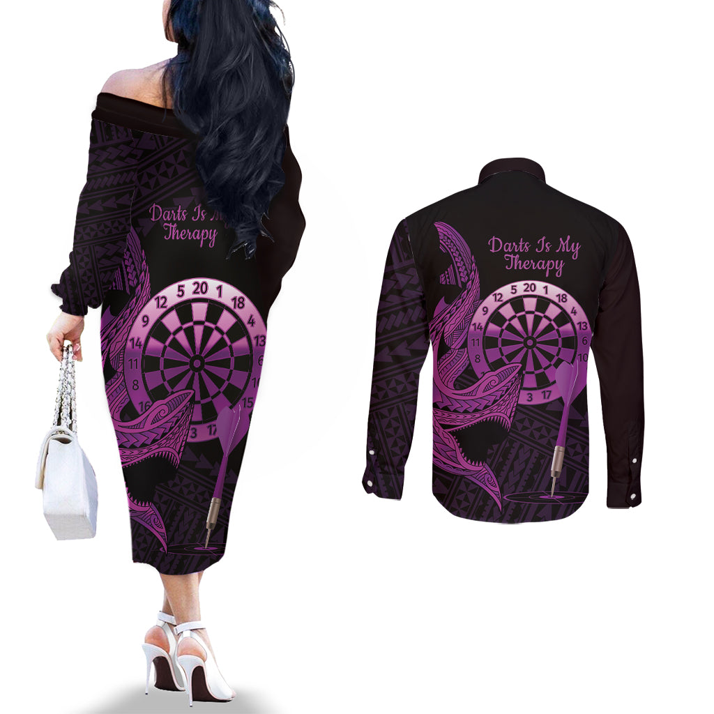 Aloha Hawaii Darts Couples Matching Off The Shoulder Long Sleeve Dress and Long Sleeve Button Shirt Dart Board With Polynesian Shark - Purple