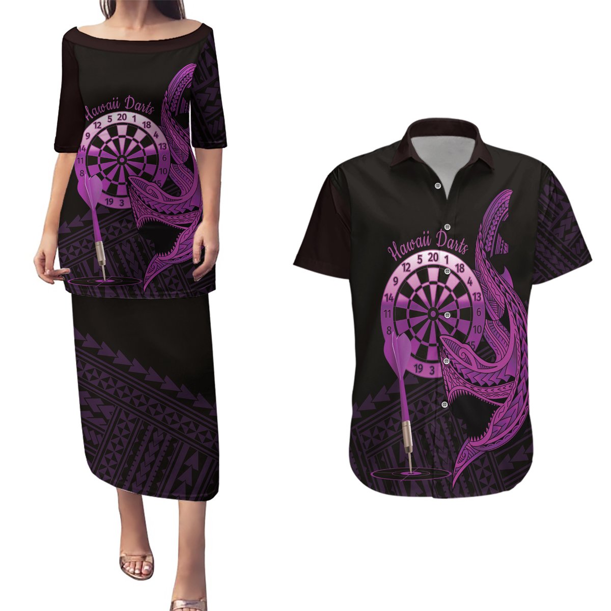 Aloha Hawaii Darts Couples Matching Puletasi and Hawaiian Shirt Dart Board With Polynesian Shark - Purple LT14 Purple - Polynesian Pride