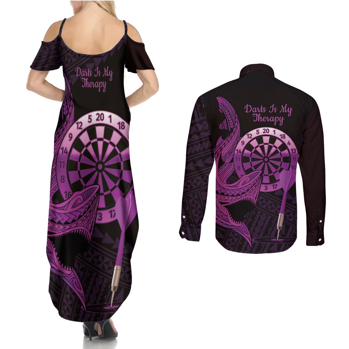 Aloha Hawaii Darts Couples Matching Summer Maxi Dress and Long Sleeve Button Shirt Dart Board With Polynesian Shark - Purple LT14 - Polynesian Pride