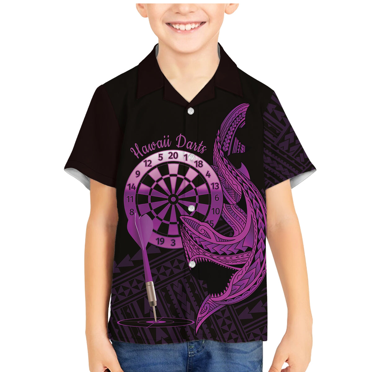 Aloha Hawaii Darts Family Matching Mermaid Dress and Hawaiian Shirt Dart Board With Polynesian Shark - Purple