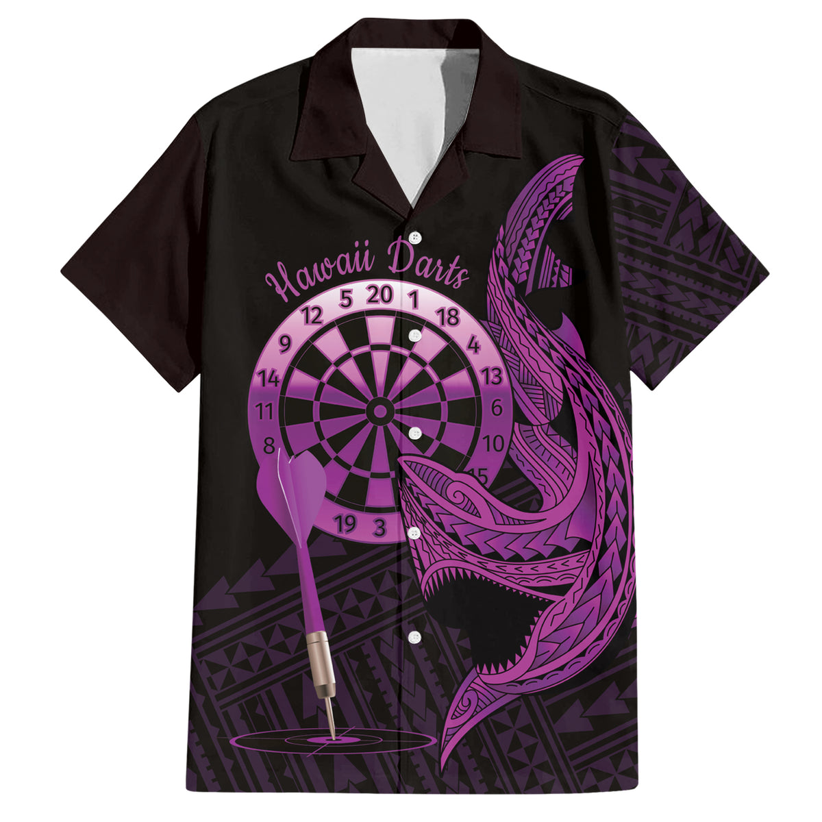 Aloha Hawaii Darts Family Matching Short Sleeve Bodycon Dress and Hawaiian Shirt Dart Board With Polynesian Shark - Purple