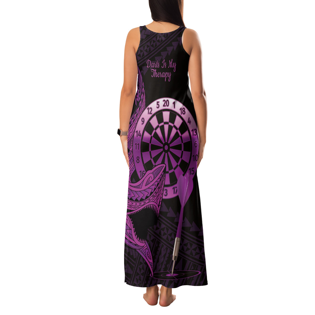 Aloha Hawaii Darts Family Matching Tank Maxi Dress and Hawaiian Shirt Dart Board With Polynesian Shark - Purple
