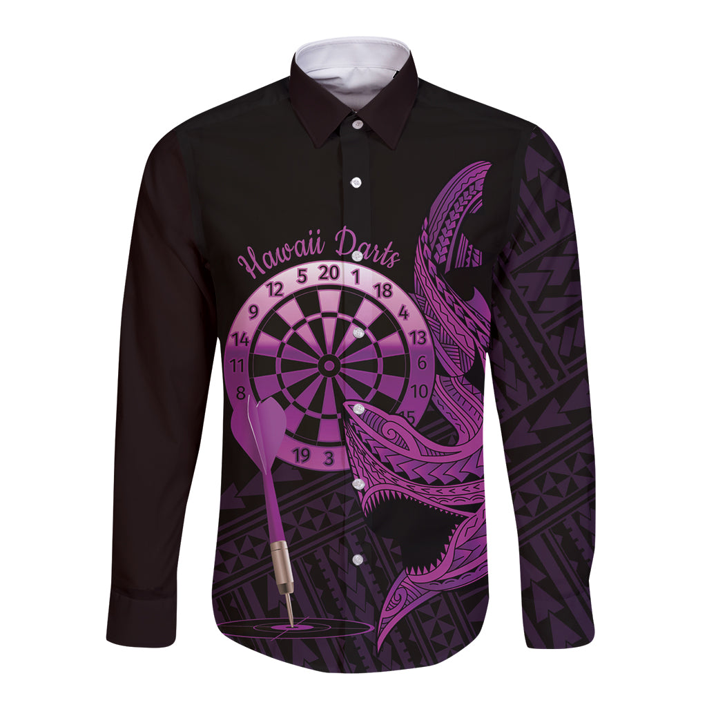 Aloha Hawaii Darts Long Sleeve Button Shirt Dart Board With Polynesian Shark - Purple