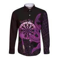 Aloha Hawaii Darts Long Sleeve Button Shirt Dart Board With Polynesian Shark - Purple