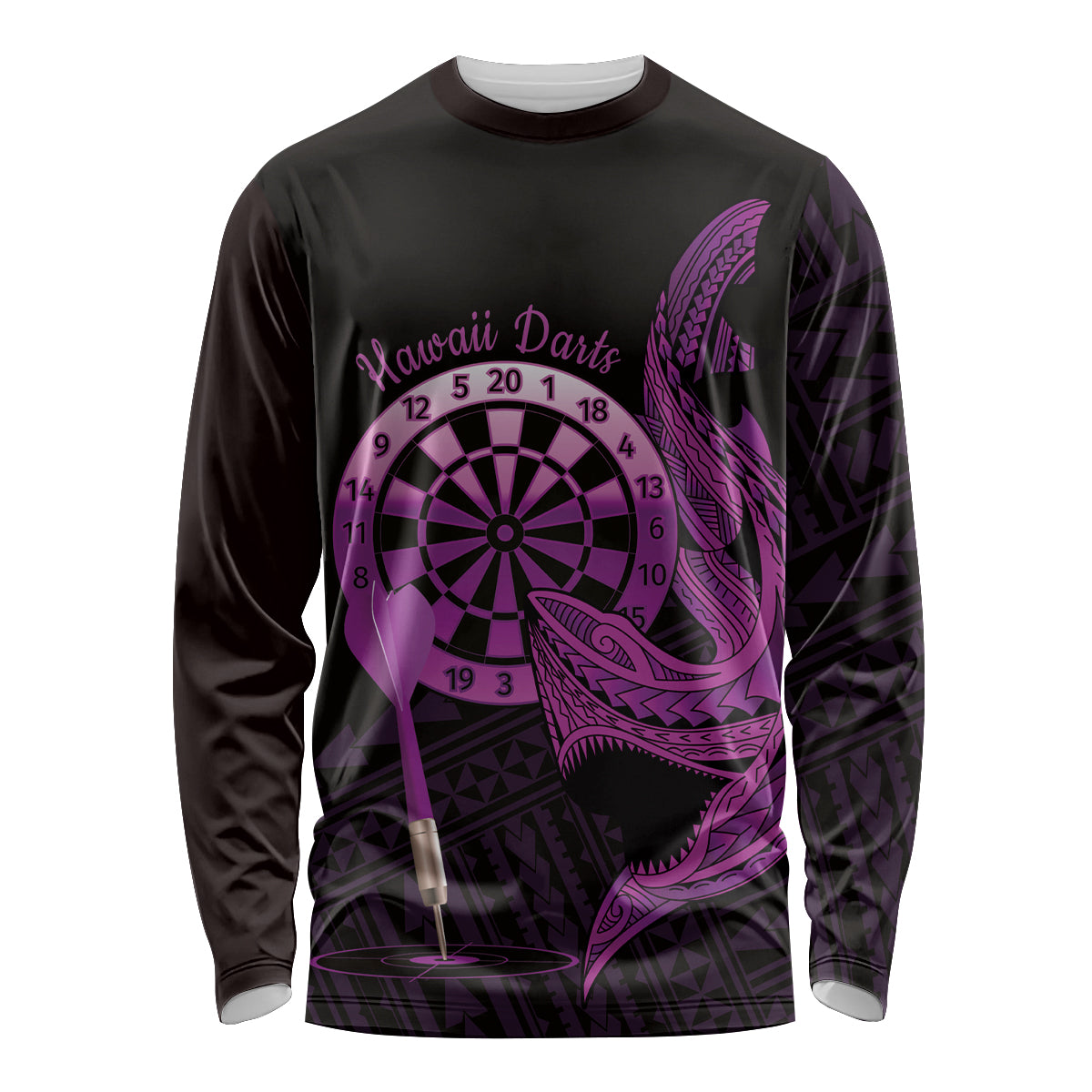 Aloha Hawaii Darts Long Sleeve Shirt Dart Board With Polynesian Shark - Purple LT14 Unisex Purple - Polynesian Pride