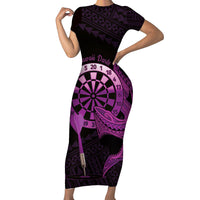 Aloha Hawaii Darts Short Sleeve Bodycon Dress Dart Board With Polynesian Shark - Purple
