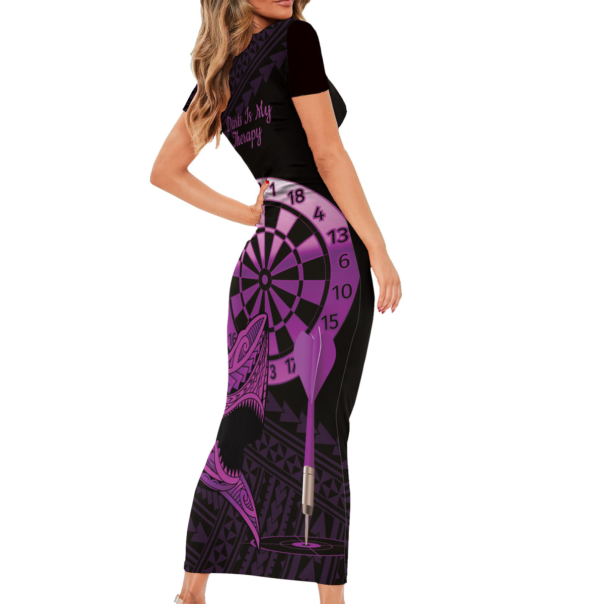 Aloha Hawaii Darts Short Sleeve Bodycon Dress Dart Board With Polynesian Shark - Purple