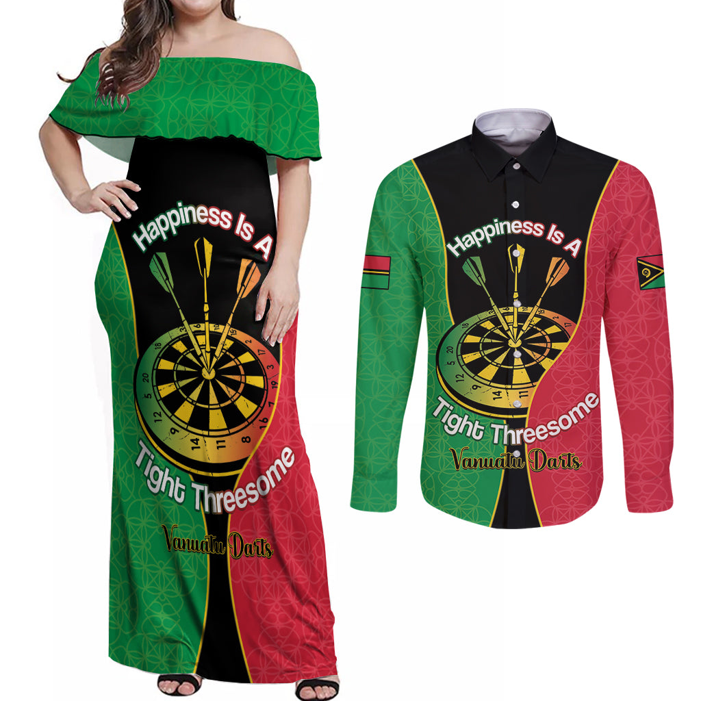 Personalised Vanuatu Darts Couples Matching Off Shoulder Maxi Dress and Long Sleeve Button Shirt Happiness Is A Tight Threesome Sand Drawing Art
