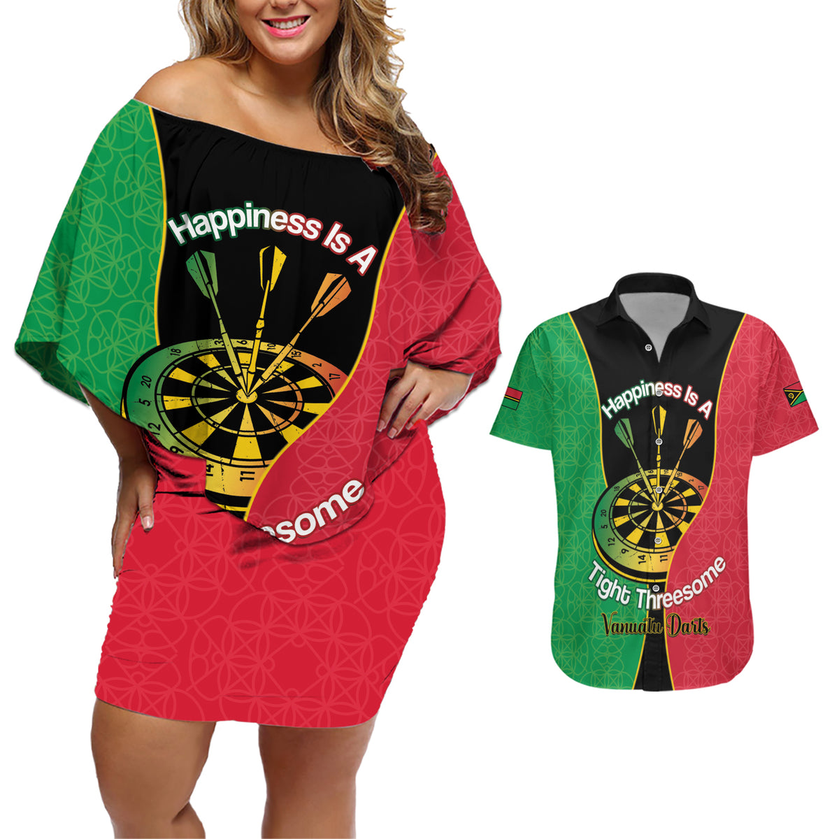 Personalised Vanuatu Darts Couples Matching Off Shoulder Short Dress and Hawaiian Shirt Happiness Is A Tight Threesome Sand Drawing Art