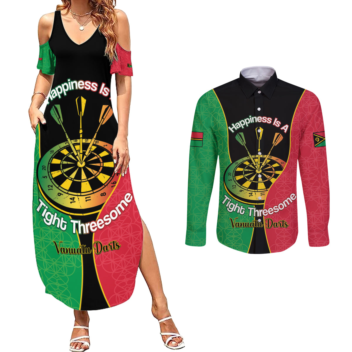 Personalised Vanuatu Darts Couples Matching Summer Maxi Dress and Long Sleeve Button Shirt Happiness Is A Tight Threesome Sand Drawing Art