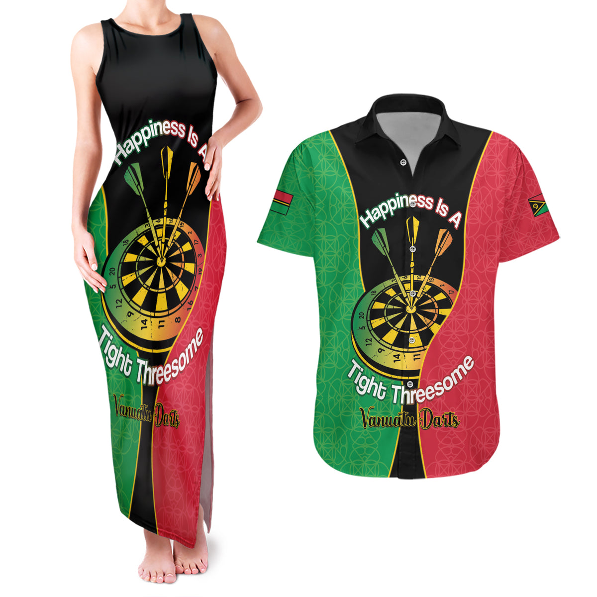 Personalised Vanuatu Darts Couples Matching Tank Maxi Dress and Hawaiian Shirt Happiness Is A Tight Threesome Sand Drawing Art