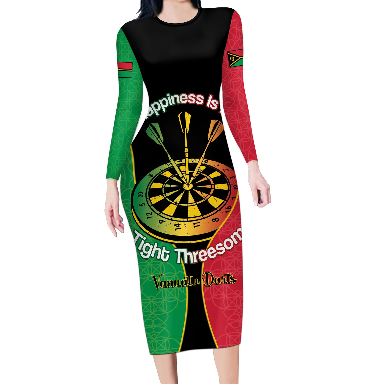 Personalised Vanuatu Darts Long Sleeve Bodycon Dress Happiness Is A Tight Threesome Sand Drawing Art LT14 Long Dress Red - Polynesian Pride