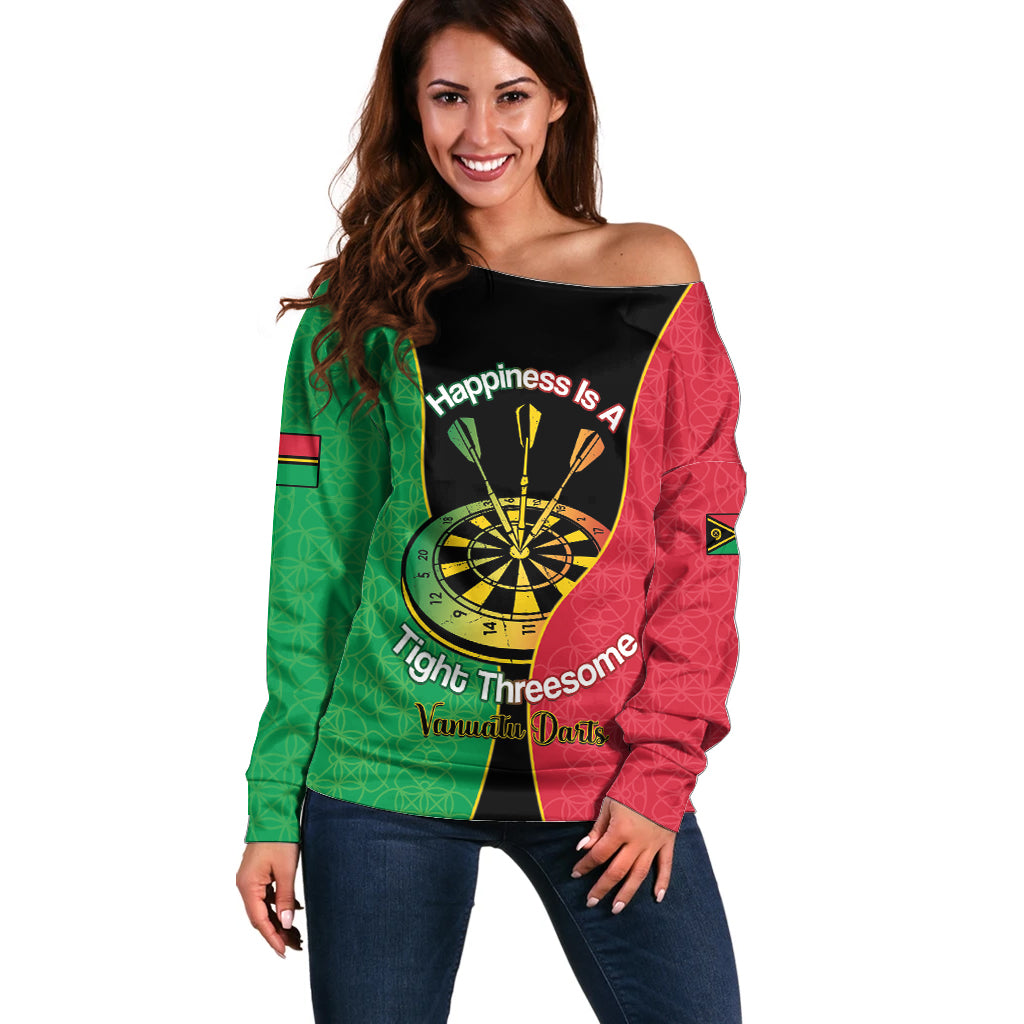 Personalised Vanuatu Darts Off Shoulder Sweater Happiness Is A Tight Threesome Sand Drawing Art LT14 Women Red - Polynesian Pride