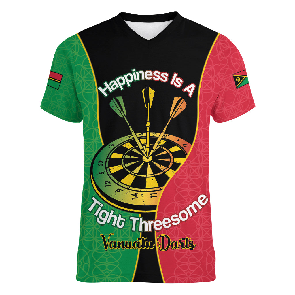 Personalised Vanuatu Darts Women V-Neck T-Shirt Happiness Is A Tight Threesome Sand Drawing Art
