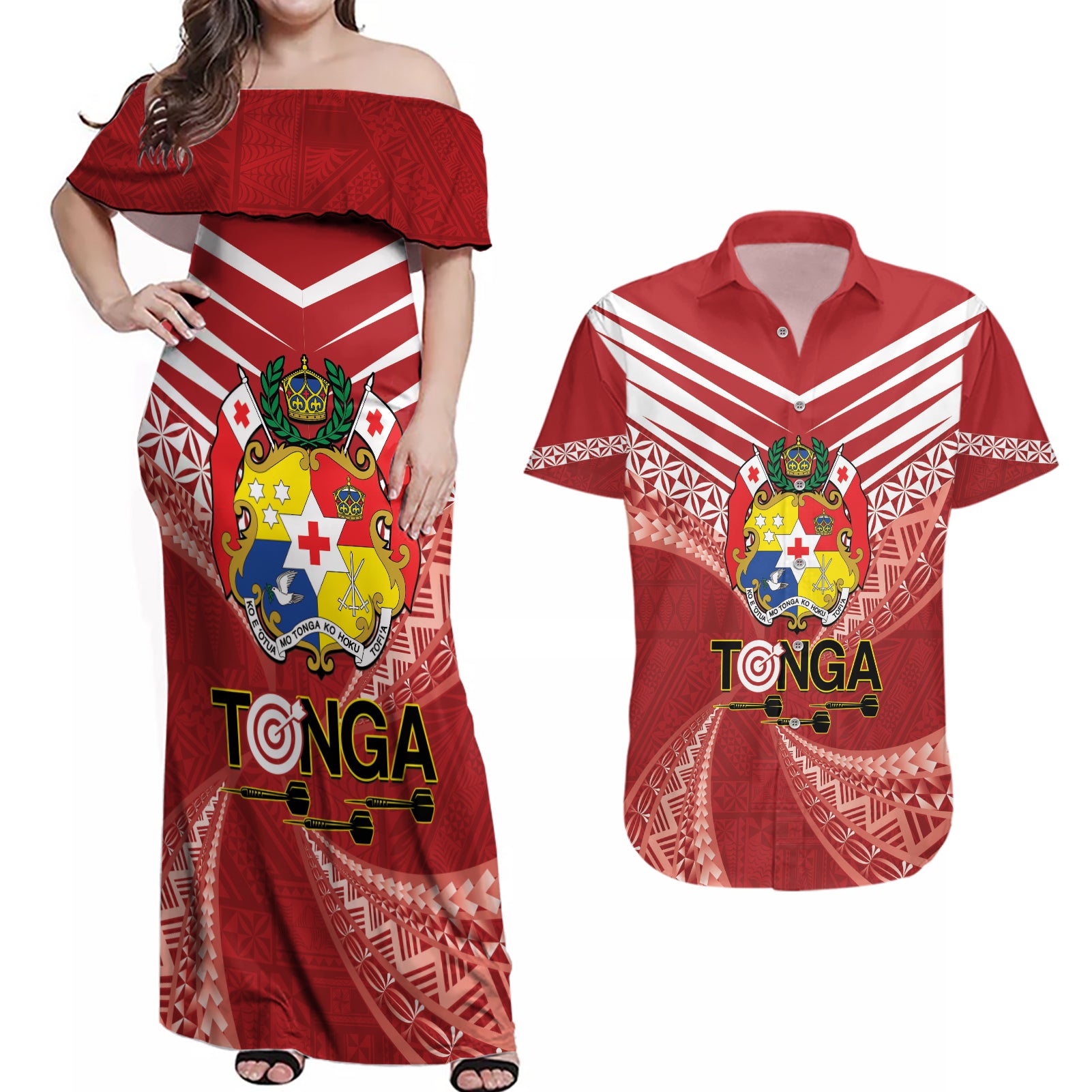 Tonga Darts Couples Matching Off Shoulder Maxi Dress and Hawaiian Shirt Tongan Ngatu Pattern