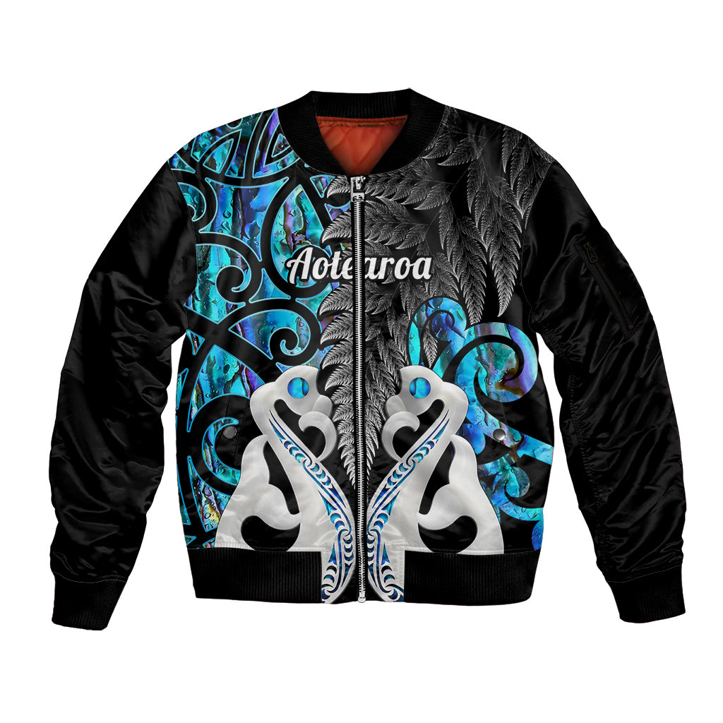 Personalised New Zealand Sleeve Zip Bomber Jacket Te Manaia Mangopare Maori And Fern Blue Style LT14 Unisex Blue - Polynesian Pride