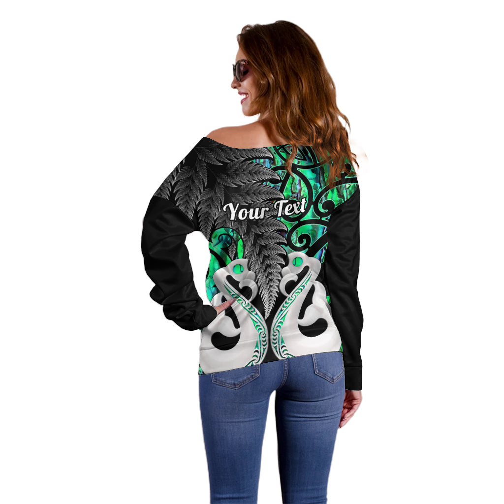 Personalised New Zealand Off Shoulder Sweater Te Manaia Mangopare Maori And Fern Green Style LT14 - Polynesian Pride
