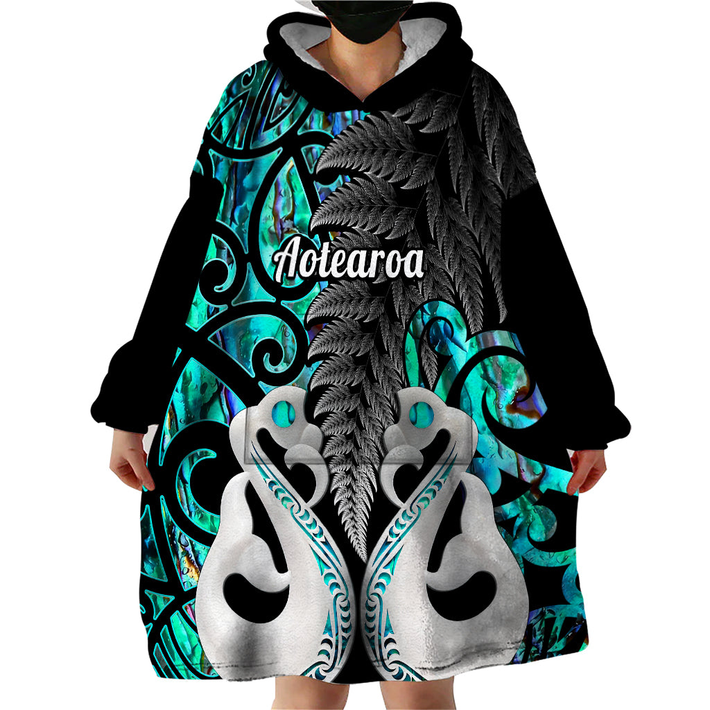 Personalised New Zealand Wearable Blanket Hoodie Te Manaia Mangopare Maori And Fern Turquoise Style LT14 - Polynesian Pride