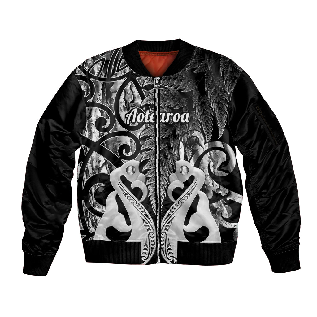 Personalised New Zealand Sleeve Zip Bomber Jacket Te Manaia Mangopare Maori And Fern Black Style LT14 Unisex Black - Polynesian Pride
