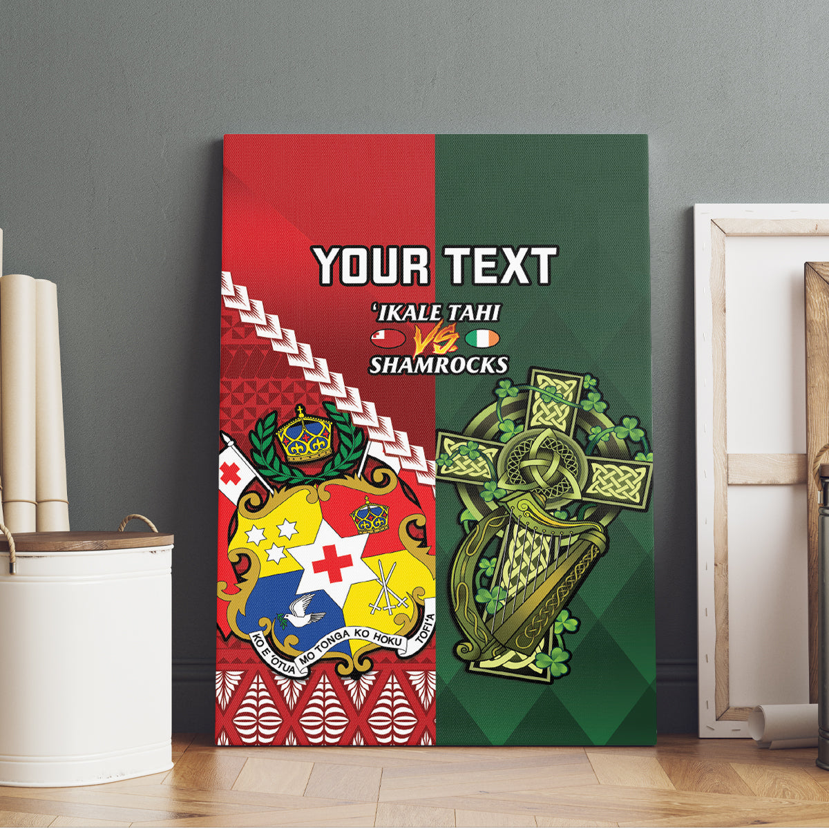 Custom Samoa And Ireland Rugby Canvas Wall Art Ikale Tahi With Shamrocks