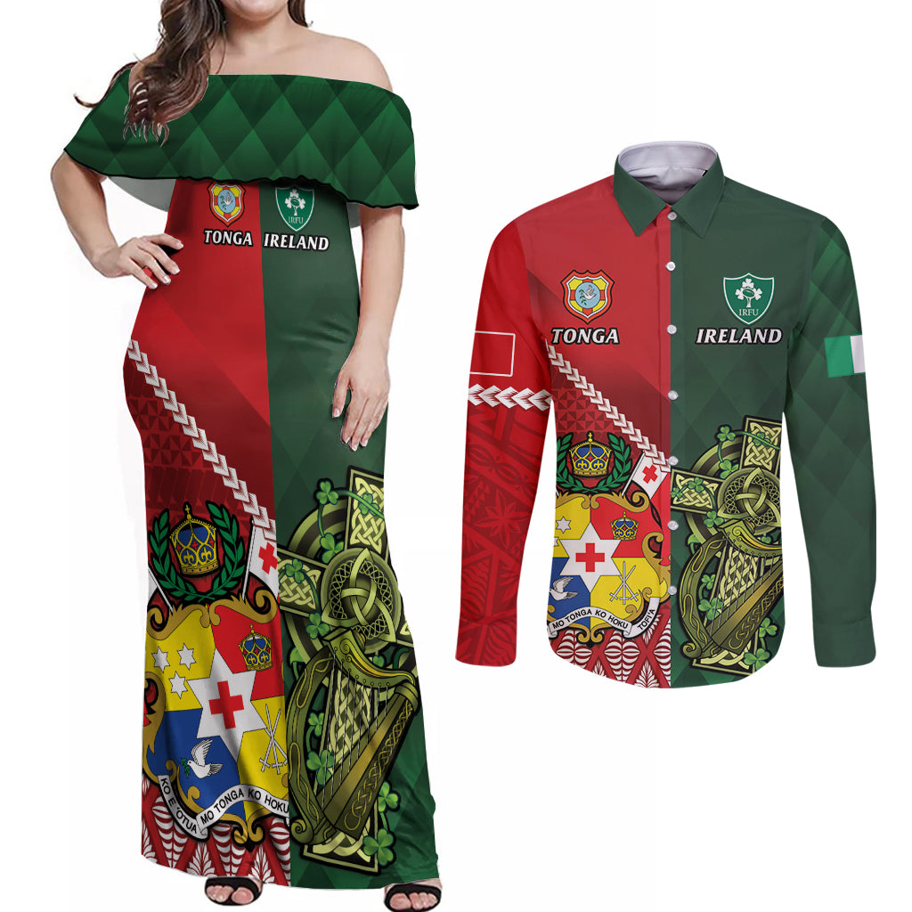 Custom Tonga And Ireland Rugby Couples Matching Off Shoulder Maxi Dress and Long Sleeve Button Shirt Ikale Tahi With Shamrocks LT14 Red - Polynesian Pride