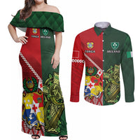Custom Tonga And Ireland Rugby Couples Matching Off Shoulder Maxi Dress and Long Sleeve Button Shirt Ikale Tahi With Shamrocks LT14 Red - Polynesian Pride