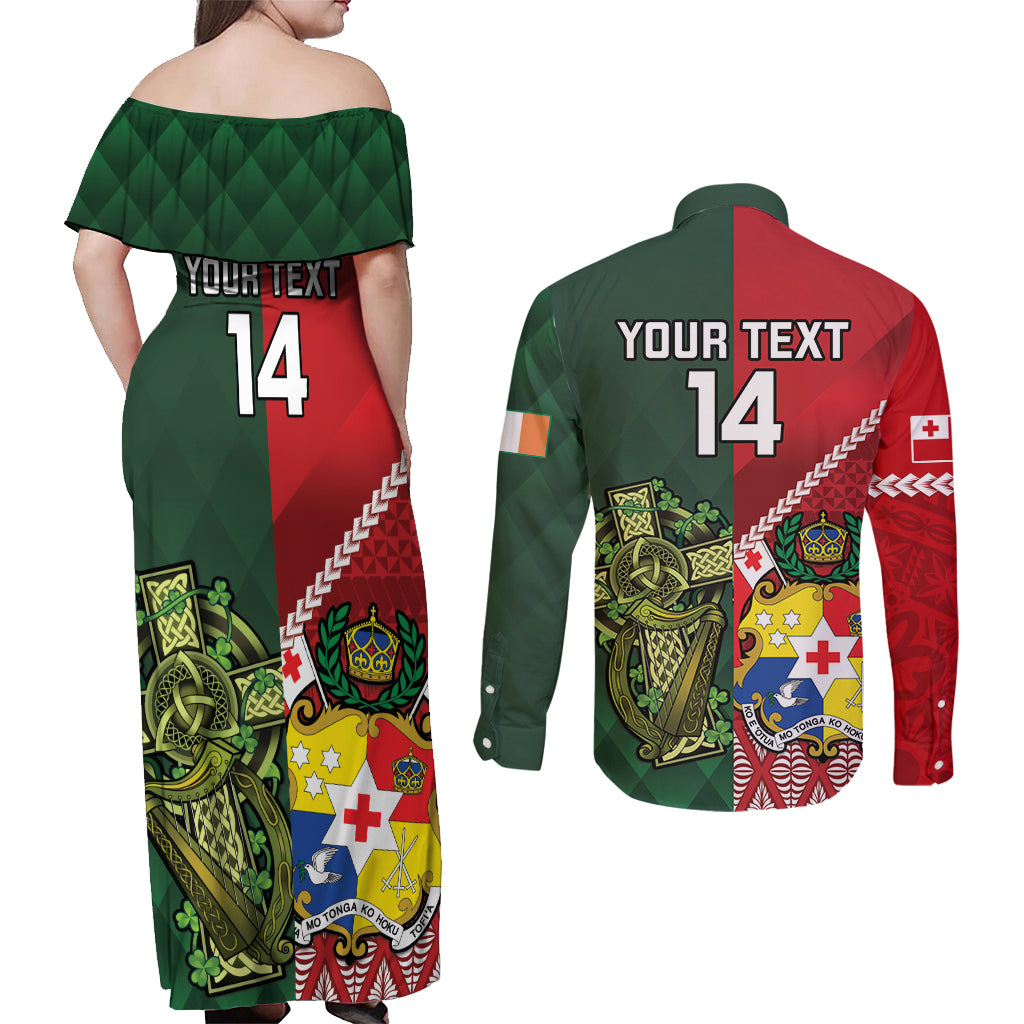 Custom Tonga And Ireland Rugby Couples Matching Off Shoulder Maxi Dress and Long Sleeve Button Shirt Ikale Tahi With Shamrocks LT14 - Polynesian Pride