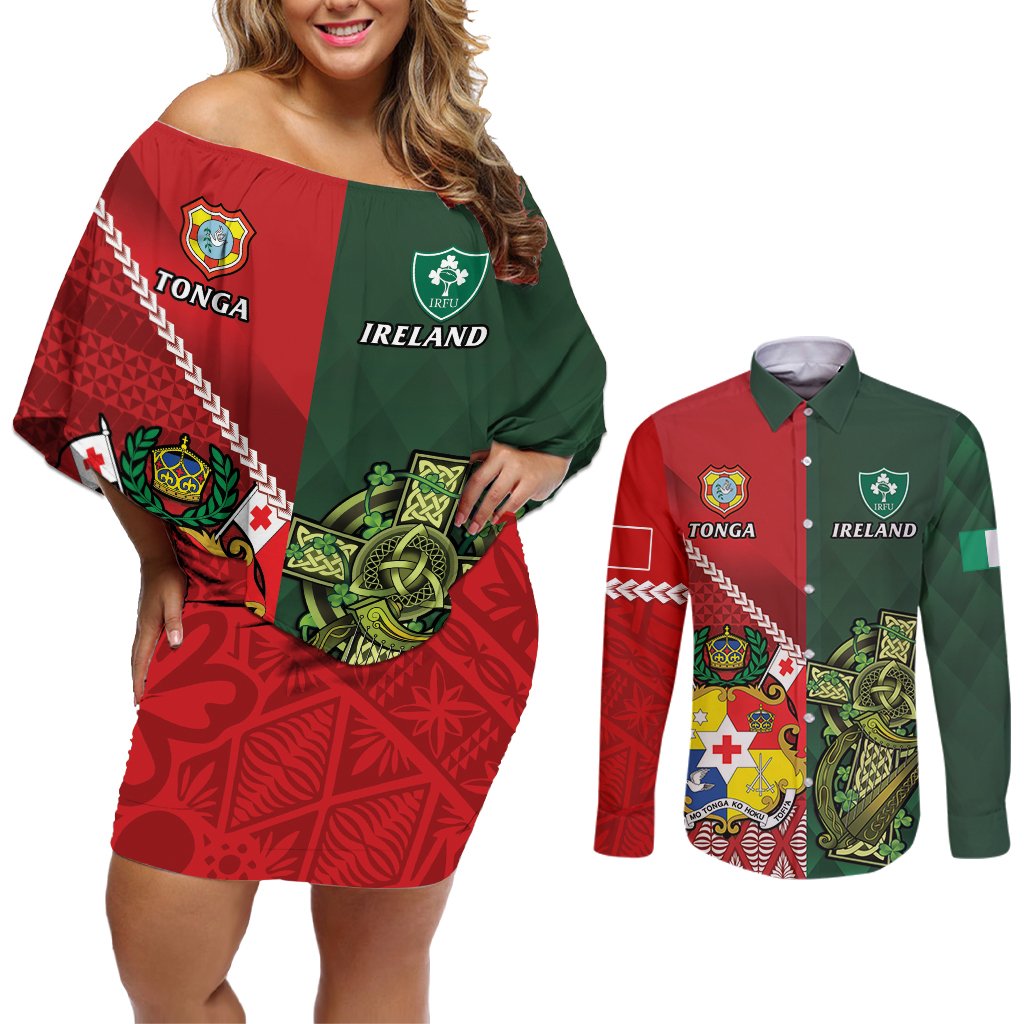 Custom Tonga And Ireland Rugby Couples Matching Off Shoulder Short Dress and Long Sleeve Button Shirt Ikale Tahi With Shamrocks LT14 Red - Polynesian Pride