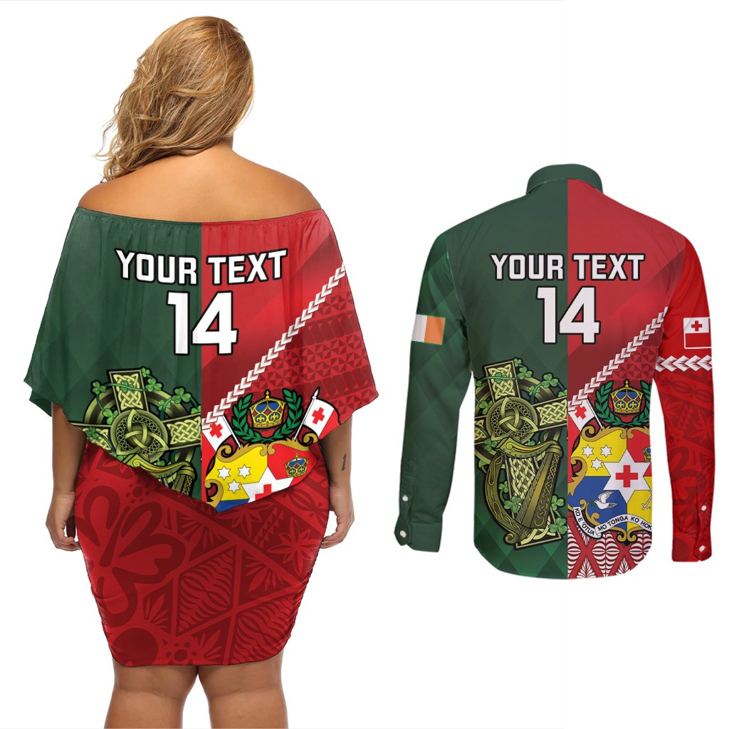 Custom Tonga And Ireland Rugby Couples Matching Off Shoulder Short Dress and Long Sleeve Button Shirt Ikale Tahi With Shamrocks LT14 - Polynesian Pride