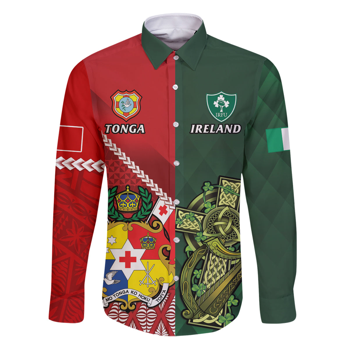 Custom Tonga And Ireland Rugby Family Matching Long Sleeve Bodycon Dress and Hawaiian Shirt Ikale Tahi With Shamrocks LT14 Dad's Shirt - Long Sleeve Red - Polynesian Pride