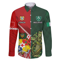 Custom Tonga And Ireland Rugby Family Matching Long Sleeve Bodycon Dress and Hawaiian Shirt Ikale Tahi With Shamrocks LT14 Dad's Shirt - Long Sleeve Red - Polynesian Pride