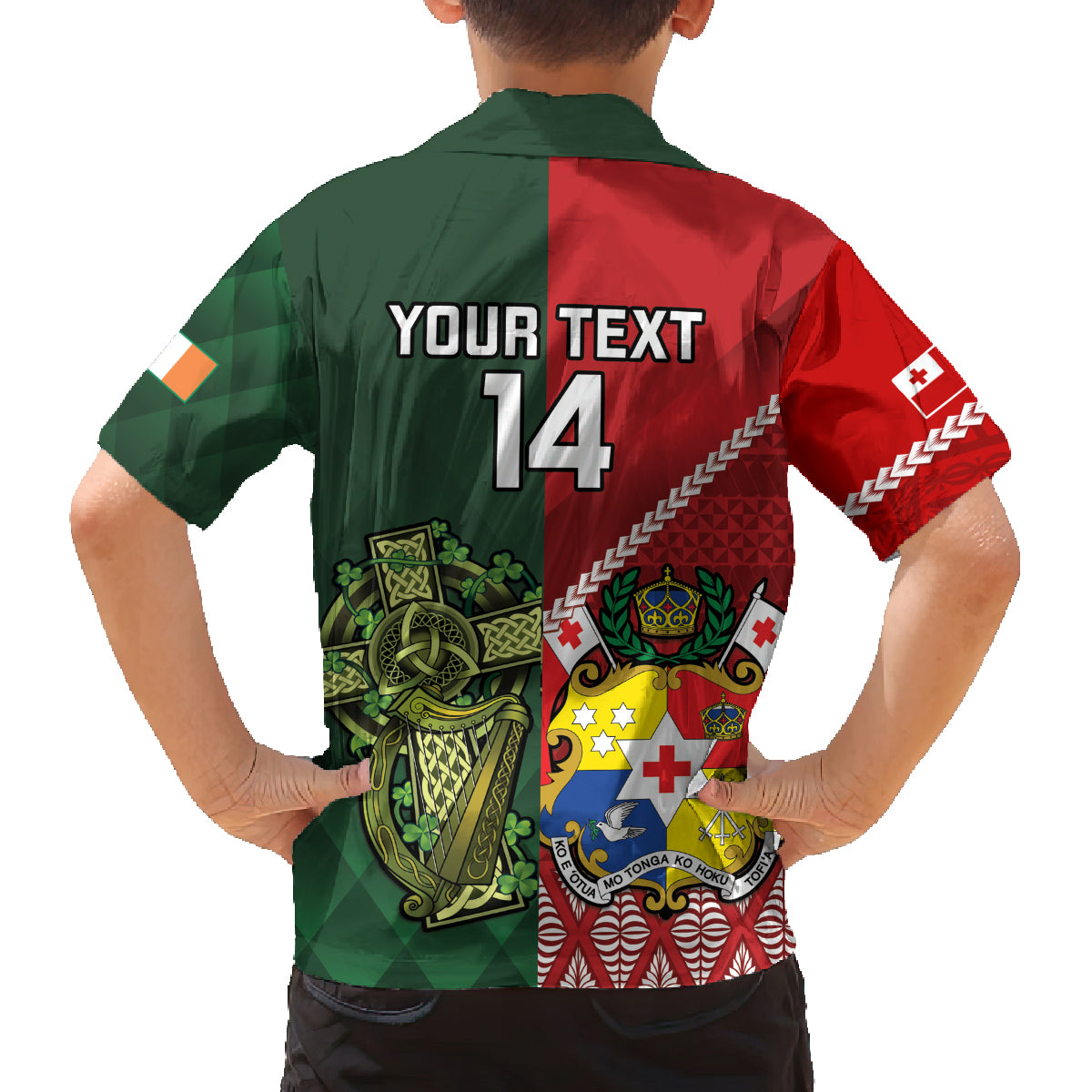 Custom Tonga And Ireland Rugby Family Matching Off The Shoulder Long Sleeve Dress and Hawaiian Shirt Ikale Tahi With Shamrocks LT14 - Polynesian Pride