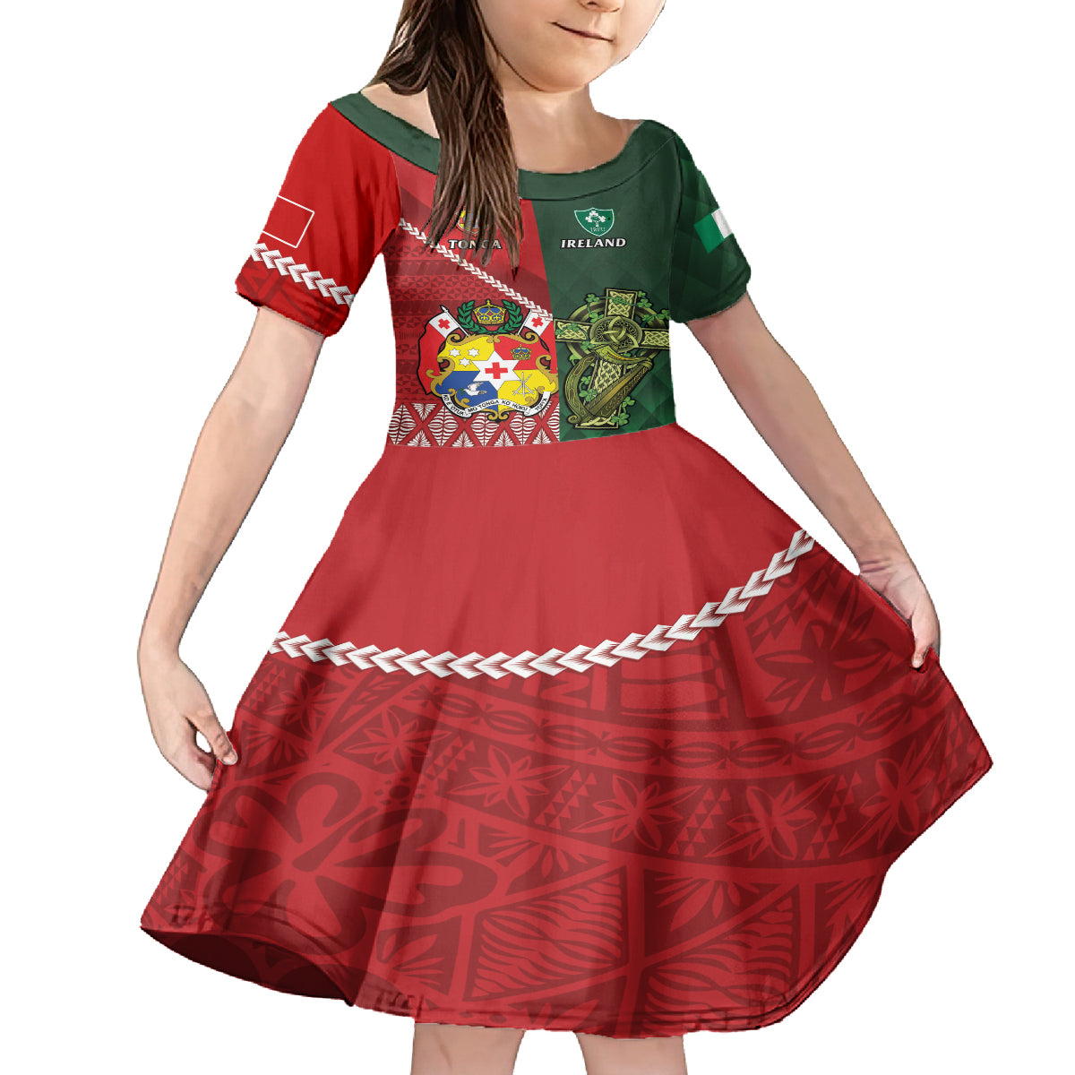 Custom Tonga And Ireland Rugby Family Matching Off The Shoulder Long Sleeve Dress and Hawaiian Shirt Ikale Tahi With Shamrocks LT14 Daughter's Dress Red - Polynesian Pride