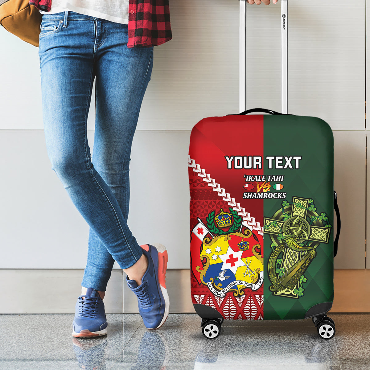 Custom Tonga And Ireland Rugby Luggage Cover Ikale Tahi With Shamrocks LT14 - Polynesian Pride