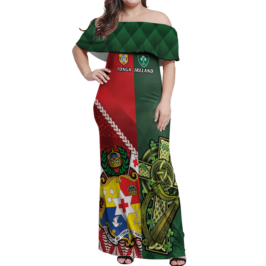 Custom Tonga And Ireland Rugby Off Shoulder Maxi Dress Ikale Tahi With Shamrocks LT14 Women Red - Polynesian Pride