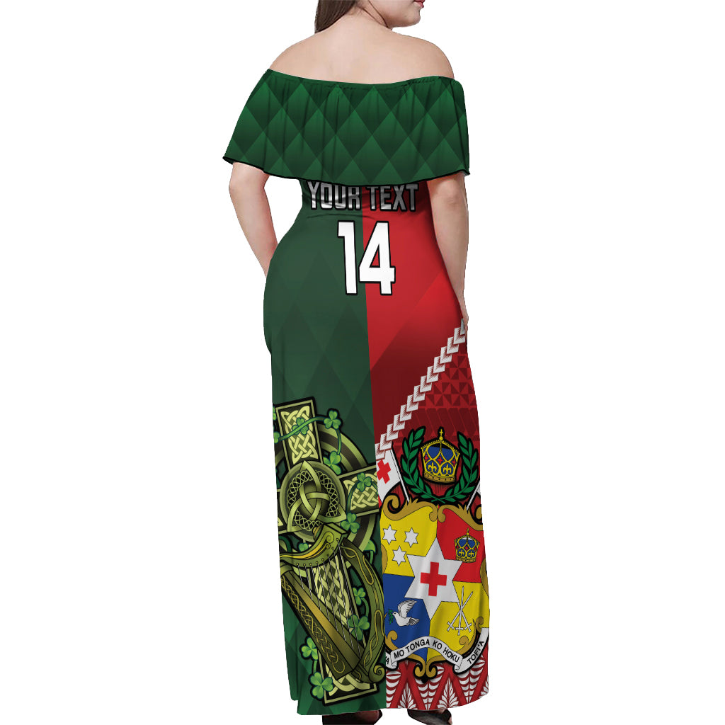 Custom Tonga And Ireland Rugby Off Shoulder Maxi Dress Ikale Tahi With Shamrocks LT14 - Polynesian Pride