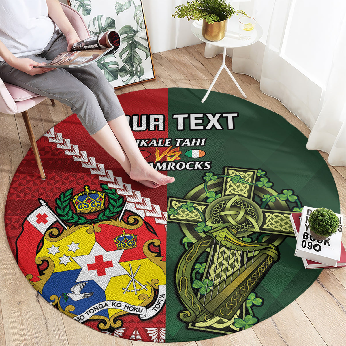 Custom Tonga And Ireland Rugby Round Carpet Ikale Tahi With Shamrocks LT14 - Polynesian Pride