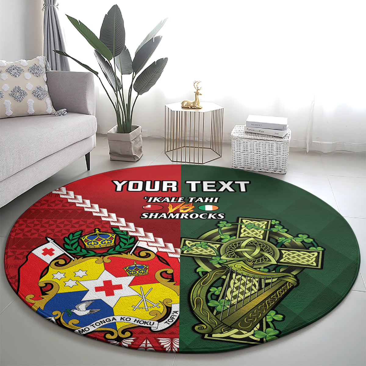 Custom Tonga And Ireland Rugby Round Carpet Ikale Tahi With Shamrocks LT14 - Polynesian Pride
