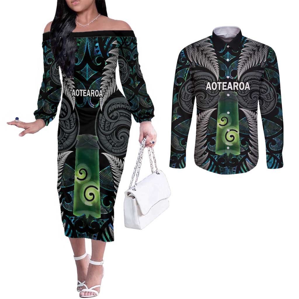 Personalised New Zealand Toki Couples Matching Off The Shoulder Long Sleeve Dress and Long Sleeve Button Shirt Silver Fern Mix Aotearoa Maori Pattern LT14 Black - Polynesian Pride